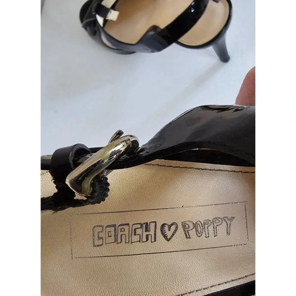 COACH Poppy Horizon Black Patent Leather Flower Ankle Heeled Sandals Sz 10 B - Picture 10 of 12